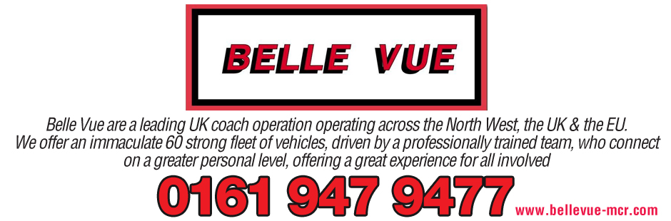 Belle Vue Coach Hire Advert - Gives details of telephone number of 0161 947 9477 